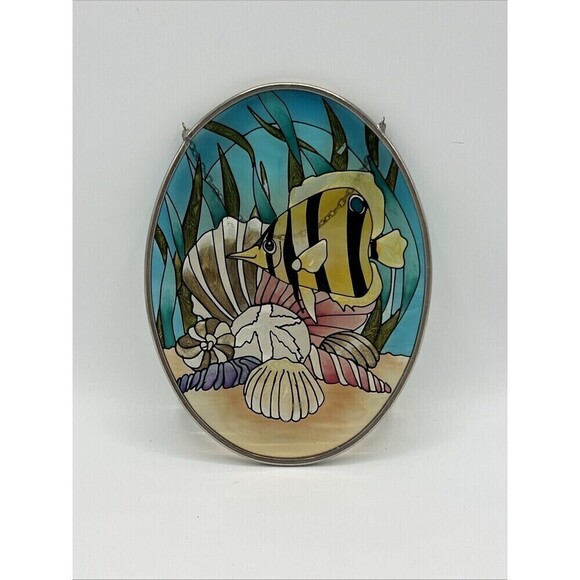 Colorful Stained Glass Fish Ocean Hang Suncatcher 5" X 7” Oval Vibrant Sea Ocean - Picture 1 of 7